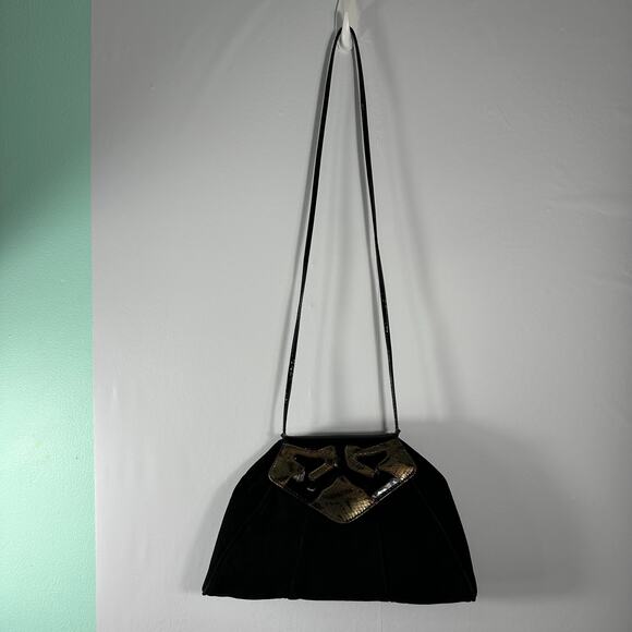 Vintage 1980s Jasmin Hong Kong Suede Snakeskin Leather Shoulder Bag Black Gold - Picture 15 of 16